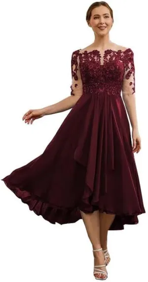 Tea Length Mother of The Bride Dresses for Wedding Lace Applique Half Sleeve Chiffon Formal Evening Party Gown
