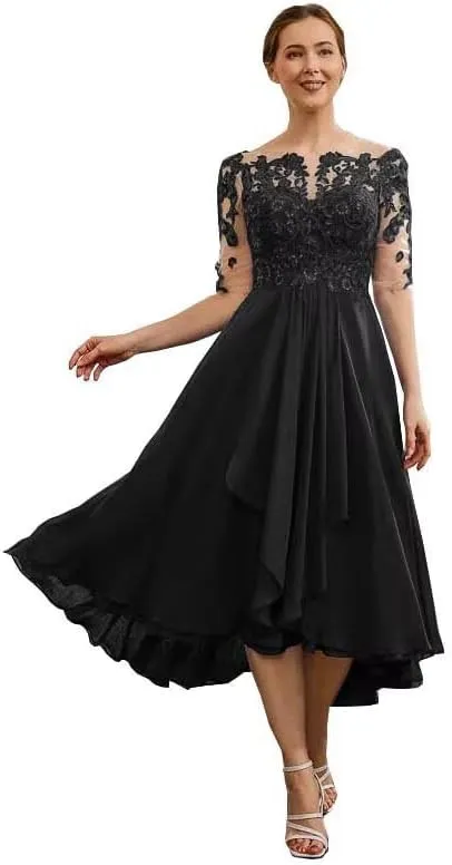 Tea Length Mother of The Bride Dresses for Wedding Lace Applique Half Sleeve Chiffon Formal Evening Party Gown