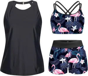 Tempt Me 3 Piece Swimsuit for Women Tankini Bathing Suit Modest High Neck Tank Tops Swimwear with Shorts