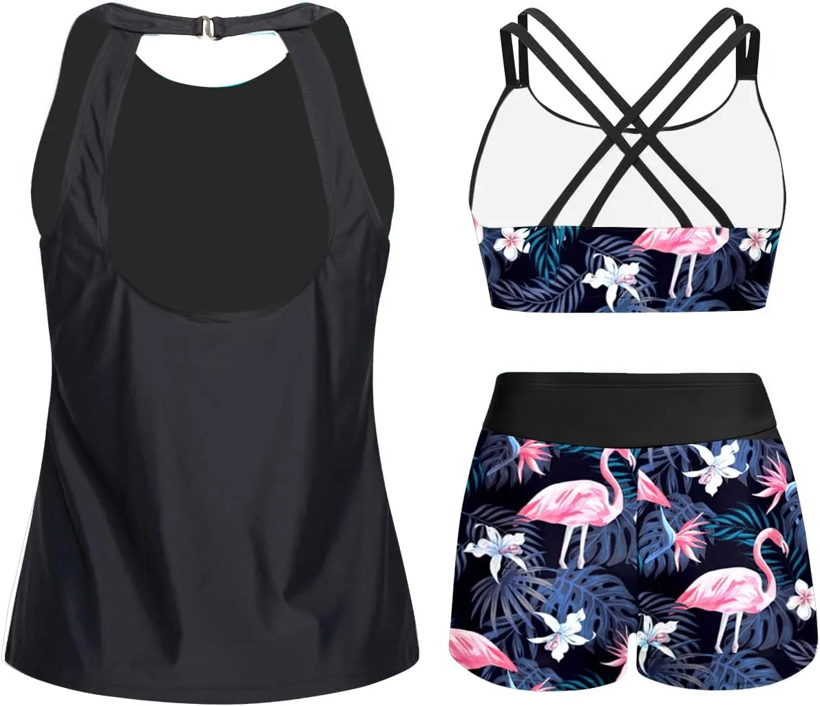 Tempt Me 3 Piece Swimsuit for Women Tankini Bathing Suit Modest High Neck Tank Tops Swimwear with Shorts