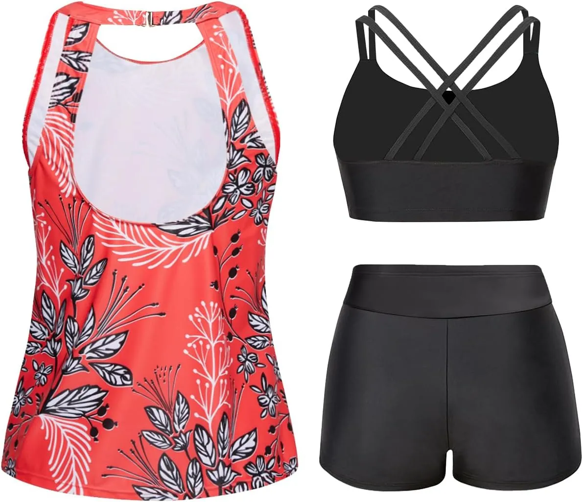 Tempt Me 3 Piece Swimsuit for Women Tankini Bathing Suit Modest High Neck Tank Tops Swimwear with Shorts