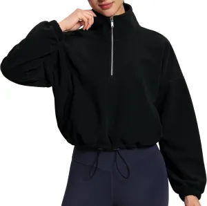 THE GYM PEOPLE Womens Half Zip Crop Pullover Sweatshirt Fleece Stand Collar Workout Tops with Pockets Drawstring Hem