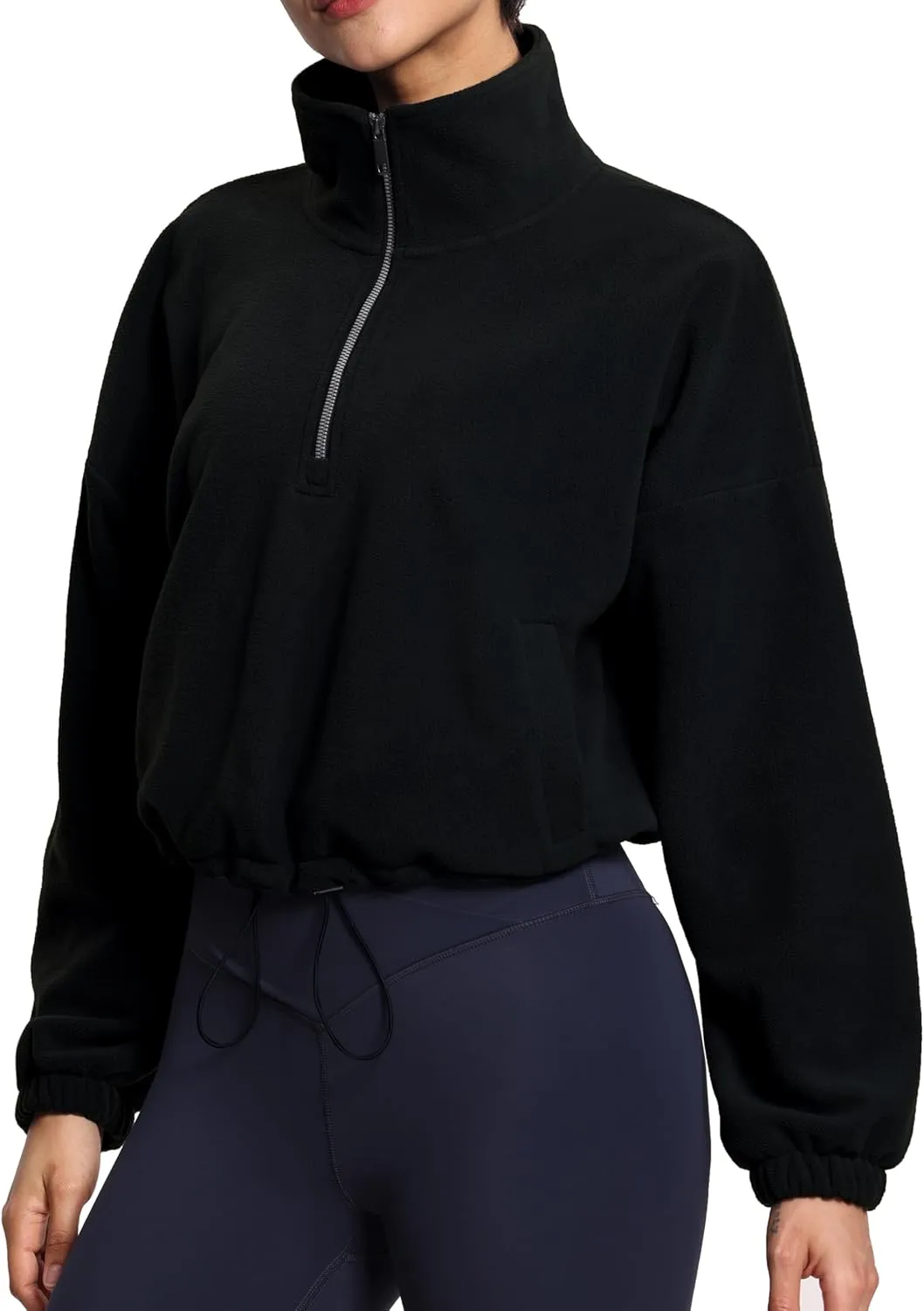 THE GYM PEOPLE Womens Half Zip Crop Pullover Sweatshirt Fleece Stand Collar Workout Tops with Pockets Drawstring Hem