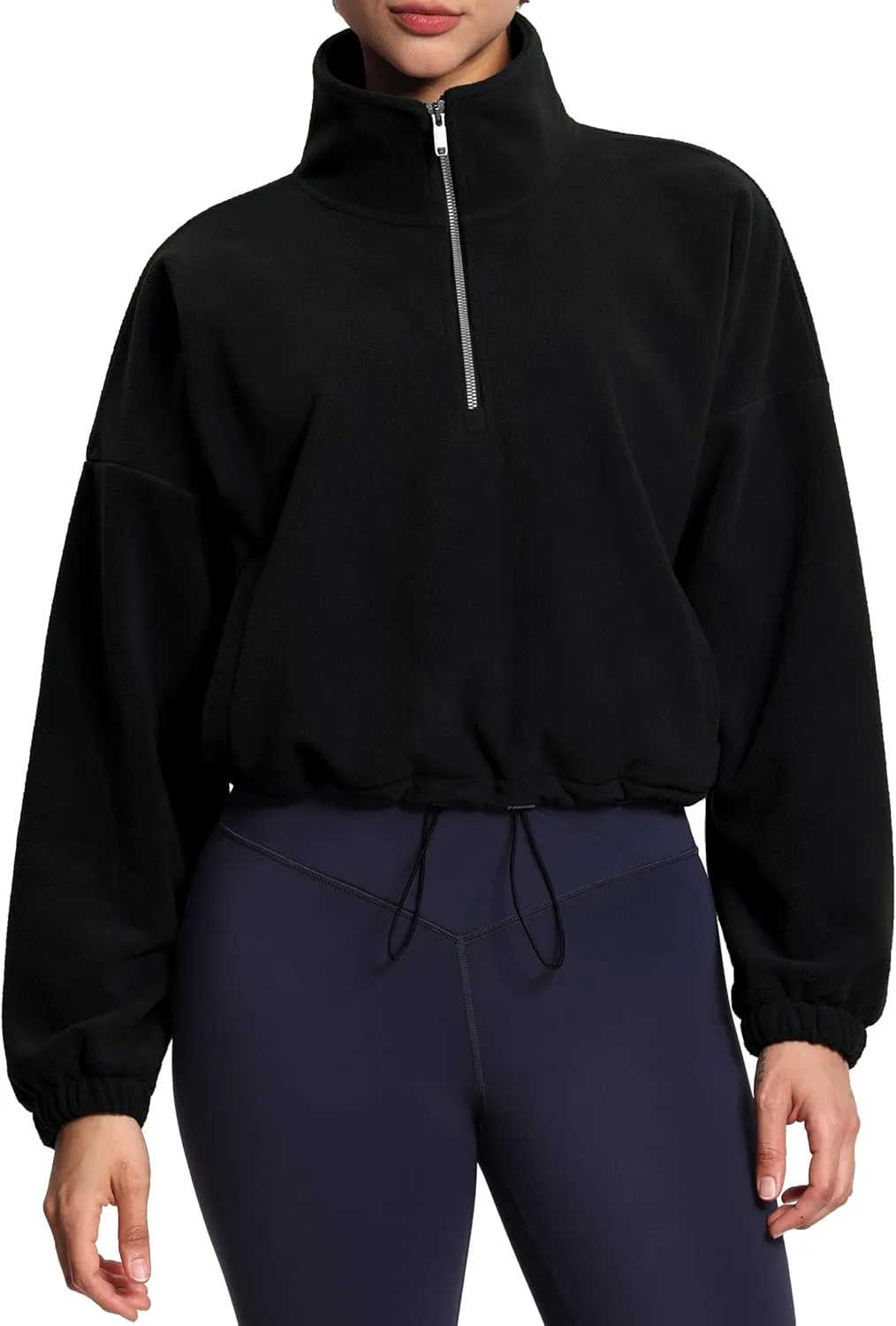 THE GYM PEOPLE Womens Half Zip Crop Pullover Sweatshirt Fleece Stand Collar Workout Tops with Pockets Drawstring Hem