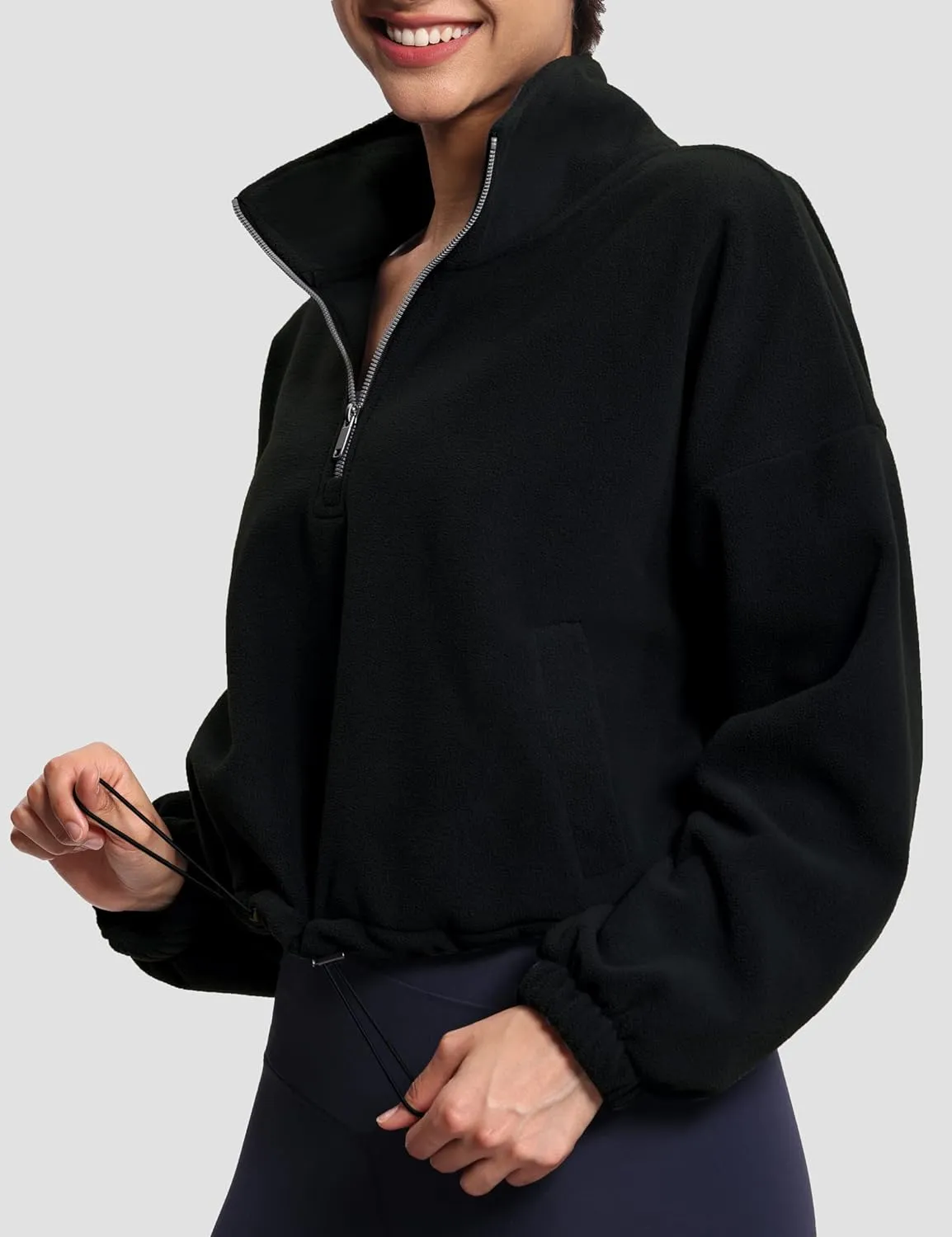 THE GYM PEOPLE Womens Half Zip Crop Pullover Sweatshirt Fleece Stand Collar Workout Tops with Pockets Drawstring Hem