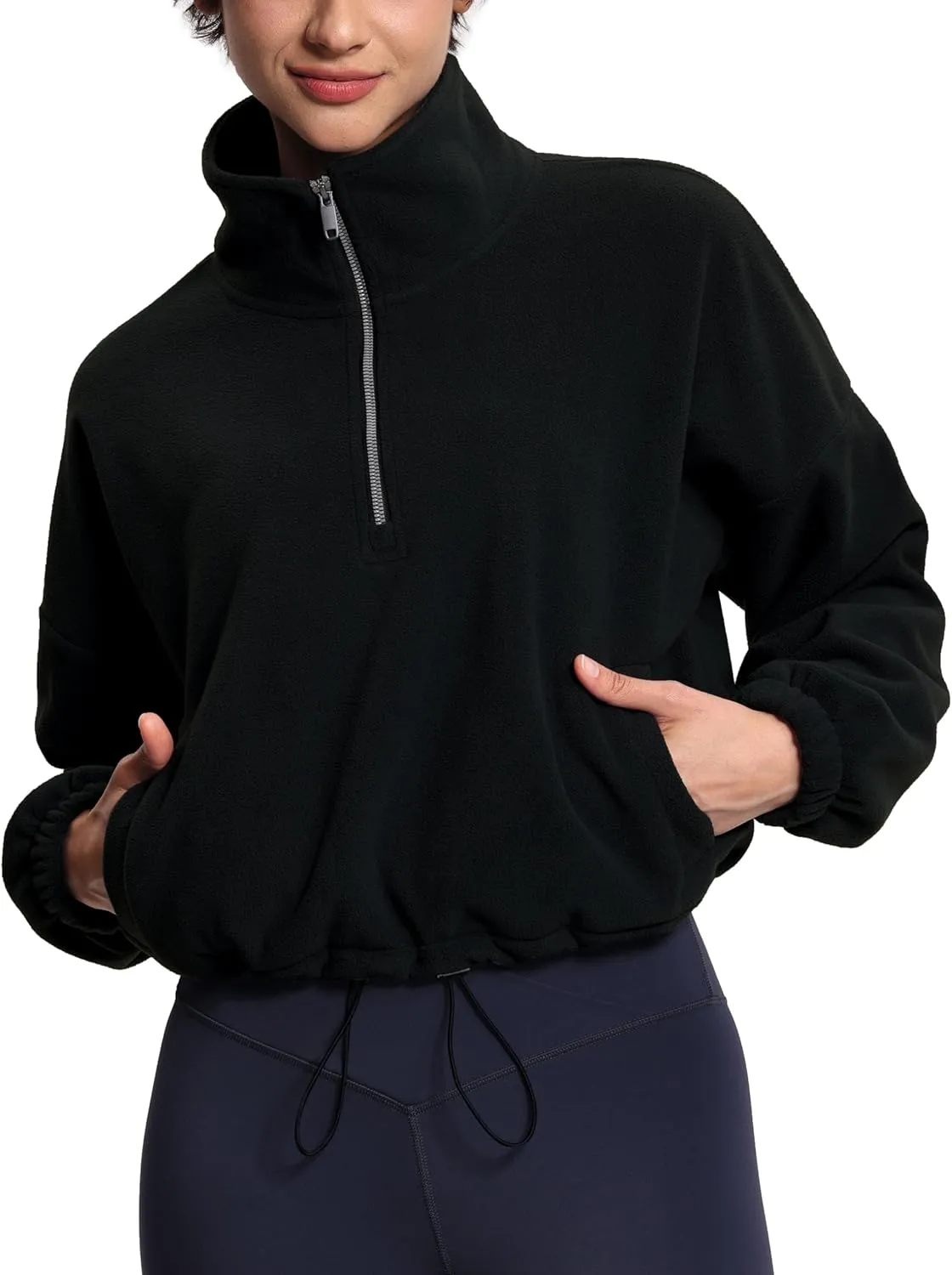 THE GYM PEOPLE Womens Half Zip Crop Pullover Sweatshirt Fleece Stand Collar Workout Tops with Pockets Drawstring Hem