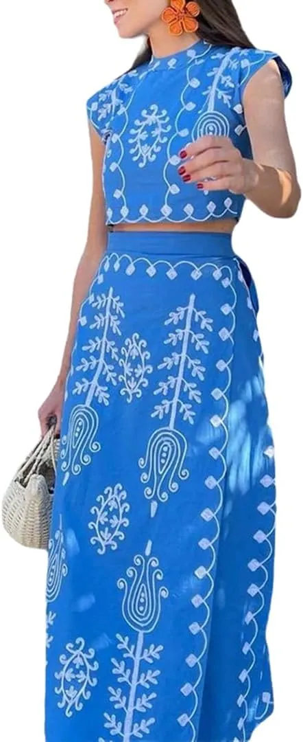 THLAI Women's Bohemian Floral Printed 2 Piece Set Crop Tank Top & Beach Party Maxi Dress Set Outfit