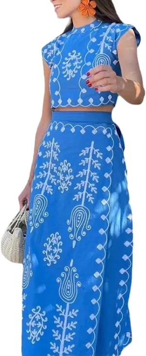 THLAI Women's Bohemian Floral Printed 2 Piece Set Crop Tank Top & Beach Party Maxi Dress Set Outfit