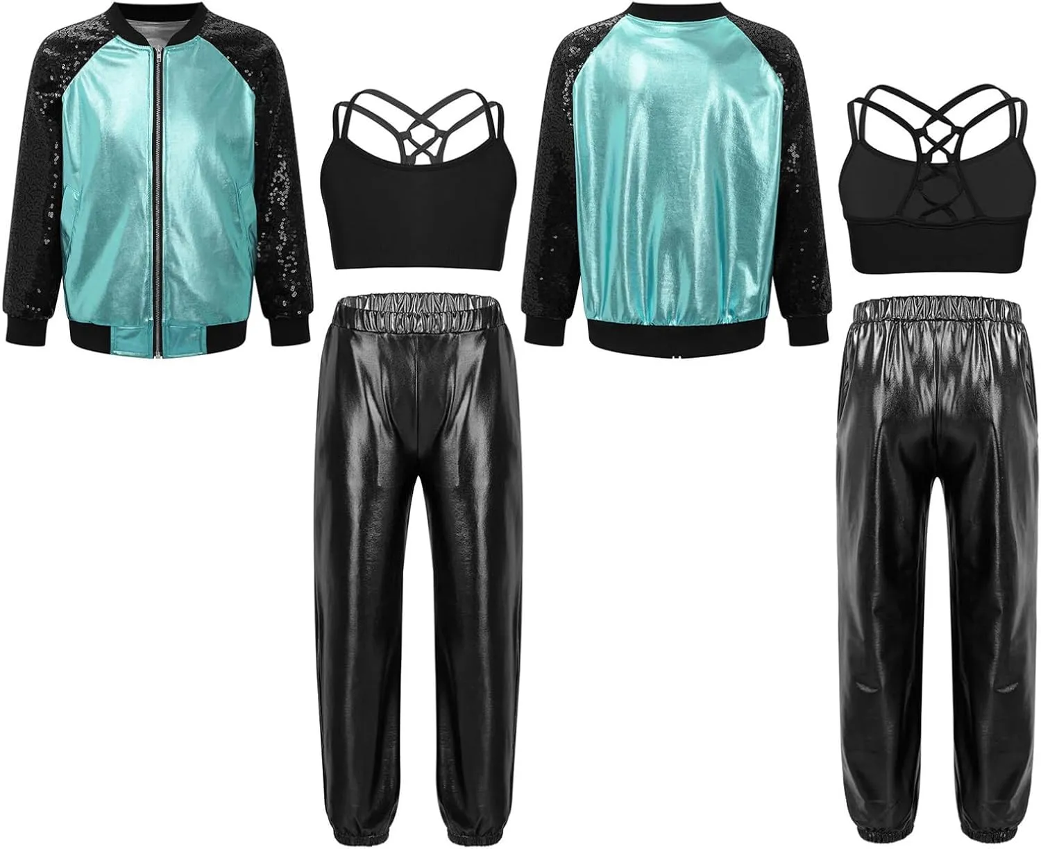 TiaoBug Kids Girls Long Sleeve Bomber Jacket Hip Hop Jazz Street Ballet Dance Coat Sports Bra Vest with Harem Pants Set