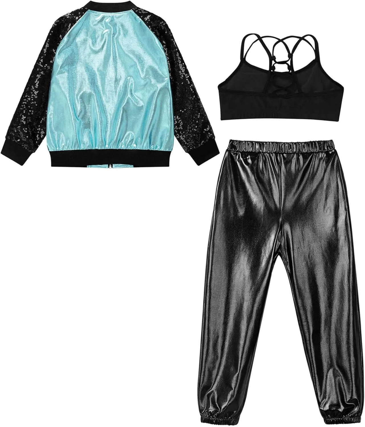 TiaoBug Kids Girls Long Sleeve Bomber Jacket Hip Hop Jazz Street Ballet Dance Coat Sports Bra Vest with Harem Pants Set