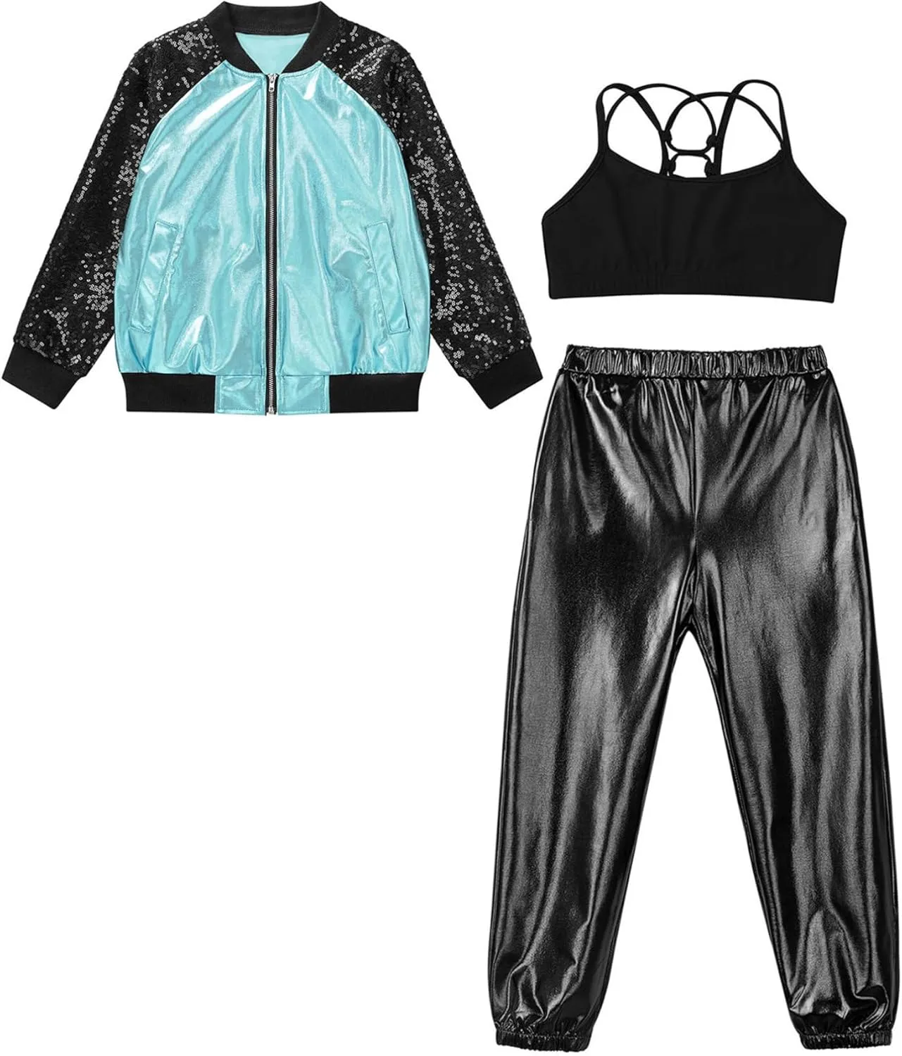 TiaoBug Kids Girls Long Sleeve Bomber Jacket Hip Hop Jazz Street Ballet Dance Coat Sports Bra Vest with Harem Pants Set