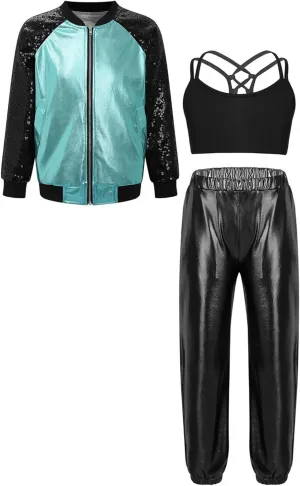 TiaoBug Kids Girls Long Sleeve Bomber Jacket Hip Hop Jazz Street Ballet Dance Coat Sports Bra Vest with Harem Pants Set
