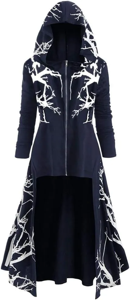 Tomppy Womens Hooded Robe Vintage Lace Up Long Sleeve Cosplay Cloak Gothic Punk Renaissance Costumes High Low Irregular Sweater Tops