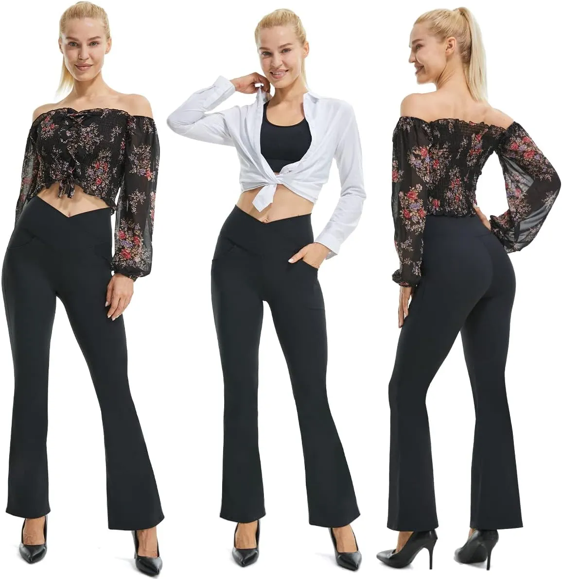 TOPYOGAS Womens Casual Flare Leggings with Pocket Bootleg Yoga Pants Crossover Hight Waisted Workout Pants