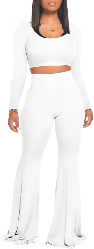 Two Piece Outfits for Women Sexy Crop Top   Flared Long Pants Sweat Suits Ribbed Fitted Tracksuits Yoga Set