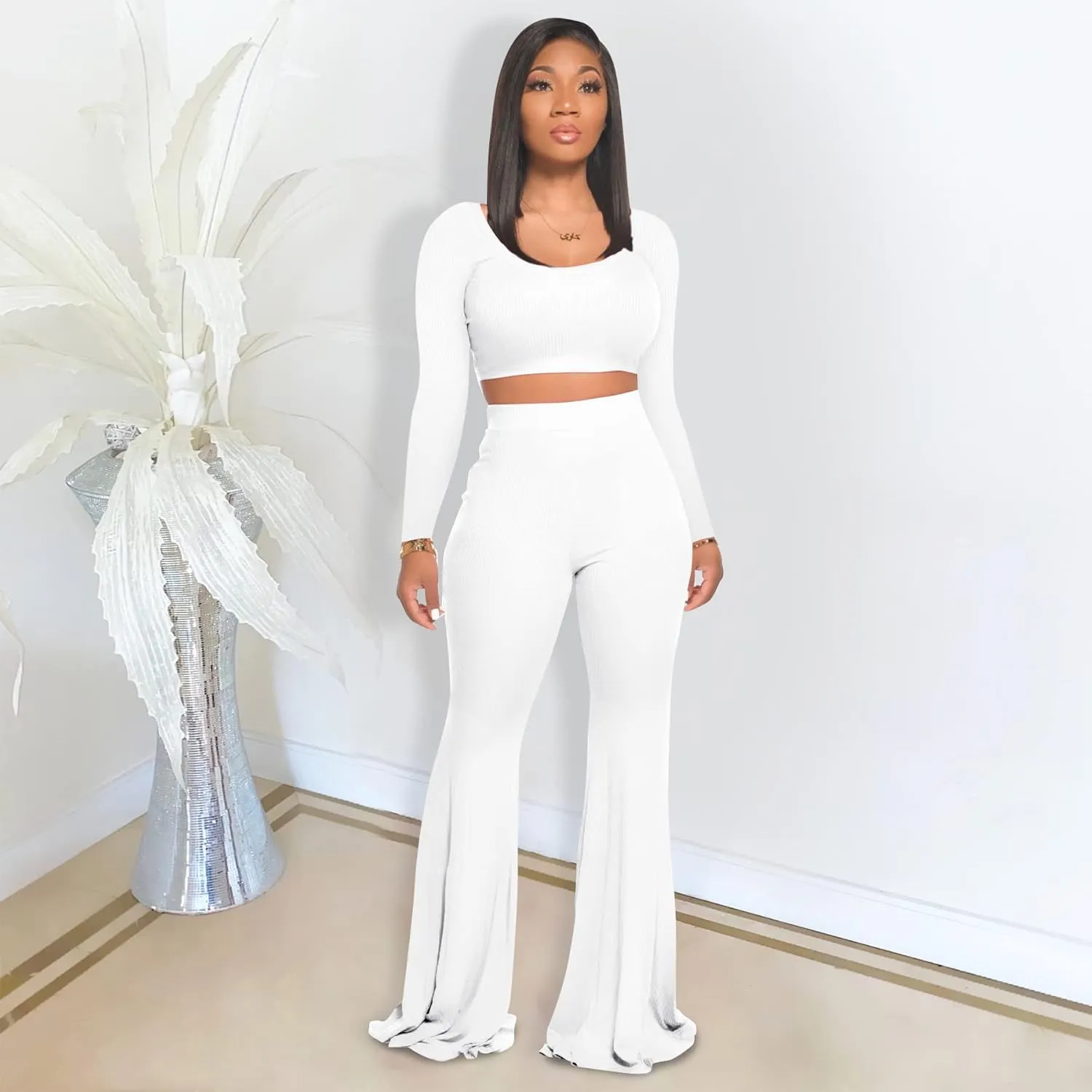 Two Piece Outfits for Women Sexy Crop Top   Flared Long Pants Sweat Suits Ribbed Fitted Tracksuits Yoga Set