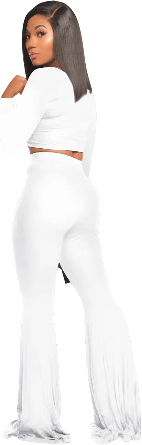 Two Piece Outfits for Women Sexy Crop Top   Flared Long Pants Sweat Suits Ribbed Fitted Tracksuits Yoga Set
