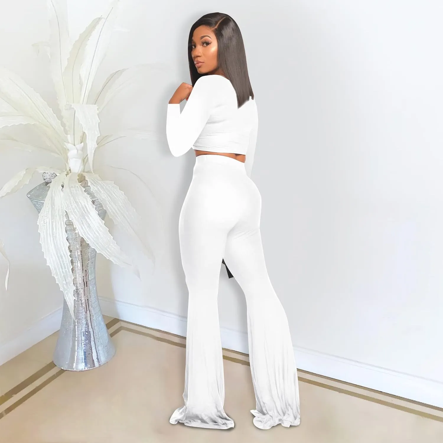 Two Piece Outfits for Women Sexy Crop Top   Flared Long Pants Sweat Suits Ribbed Fitted Tracksuits Yoga Set