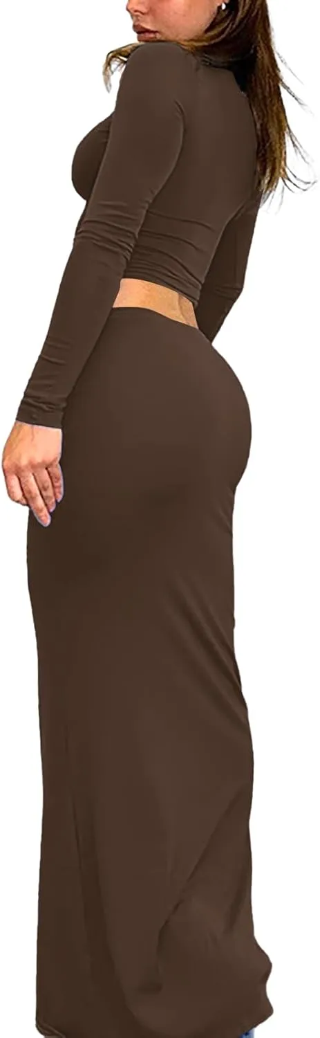 Two Piece Skirt Set for Women 2 PC Y2K Outfits Long Sleeve Tshirts Tops Bodycon High Waist Maxi Skirts
