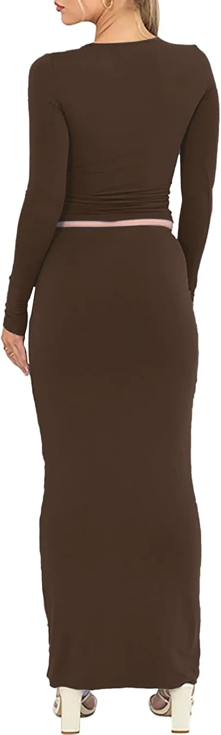 Two Piece Skirt Set for Women 2 PC Y2K Outfits Long Sleeve Tshirts Tops Bodycon High Waist Maxi Skirts