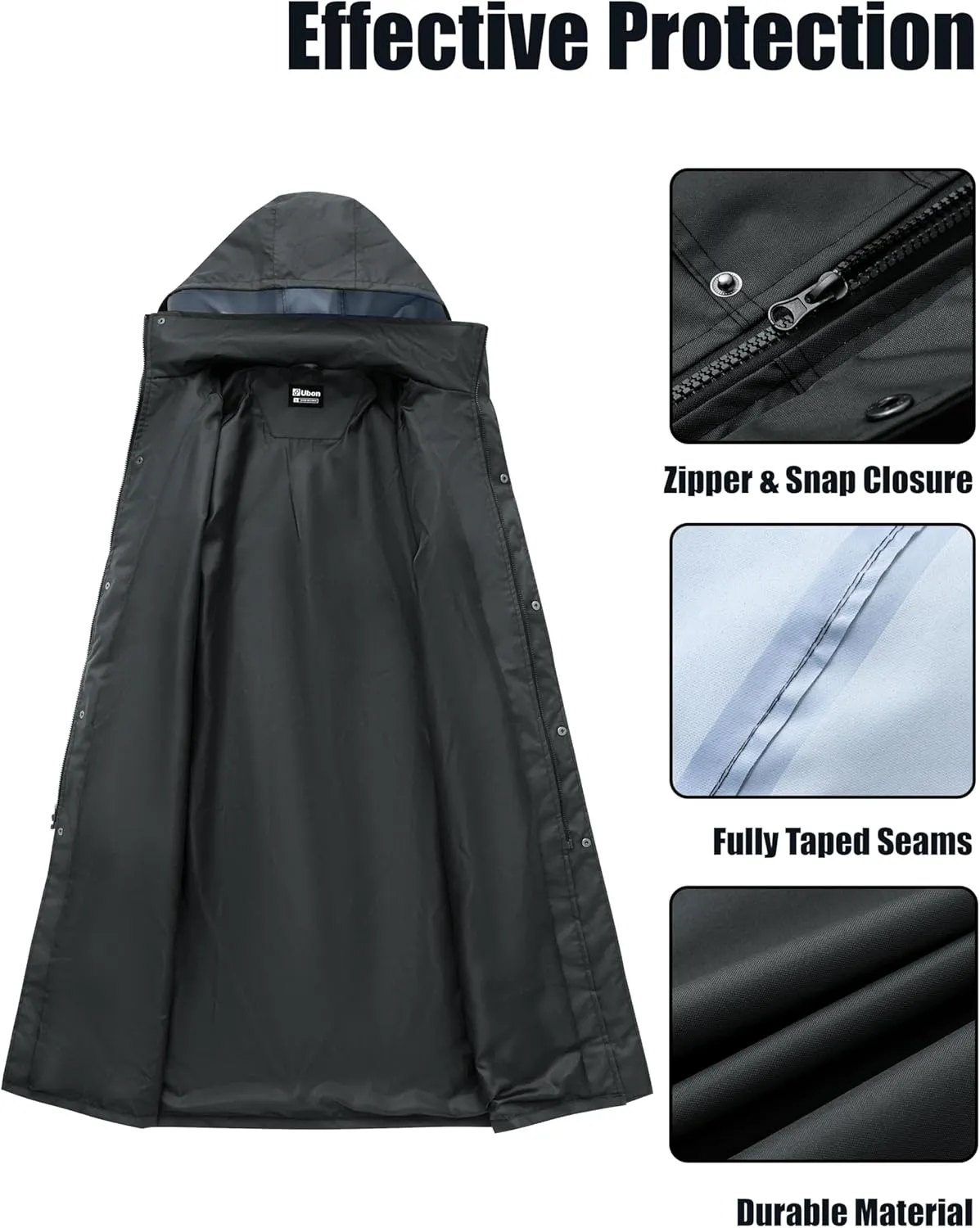 Ubon Mens Long Rain Coat Waterproof with Hood, Lightweight Rain Jacket Spring Windbreaker for Travel and Hiking