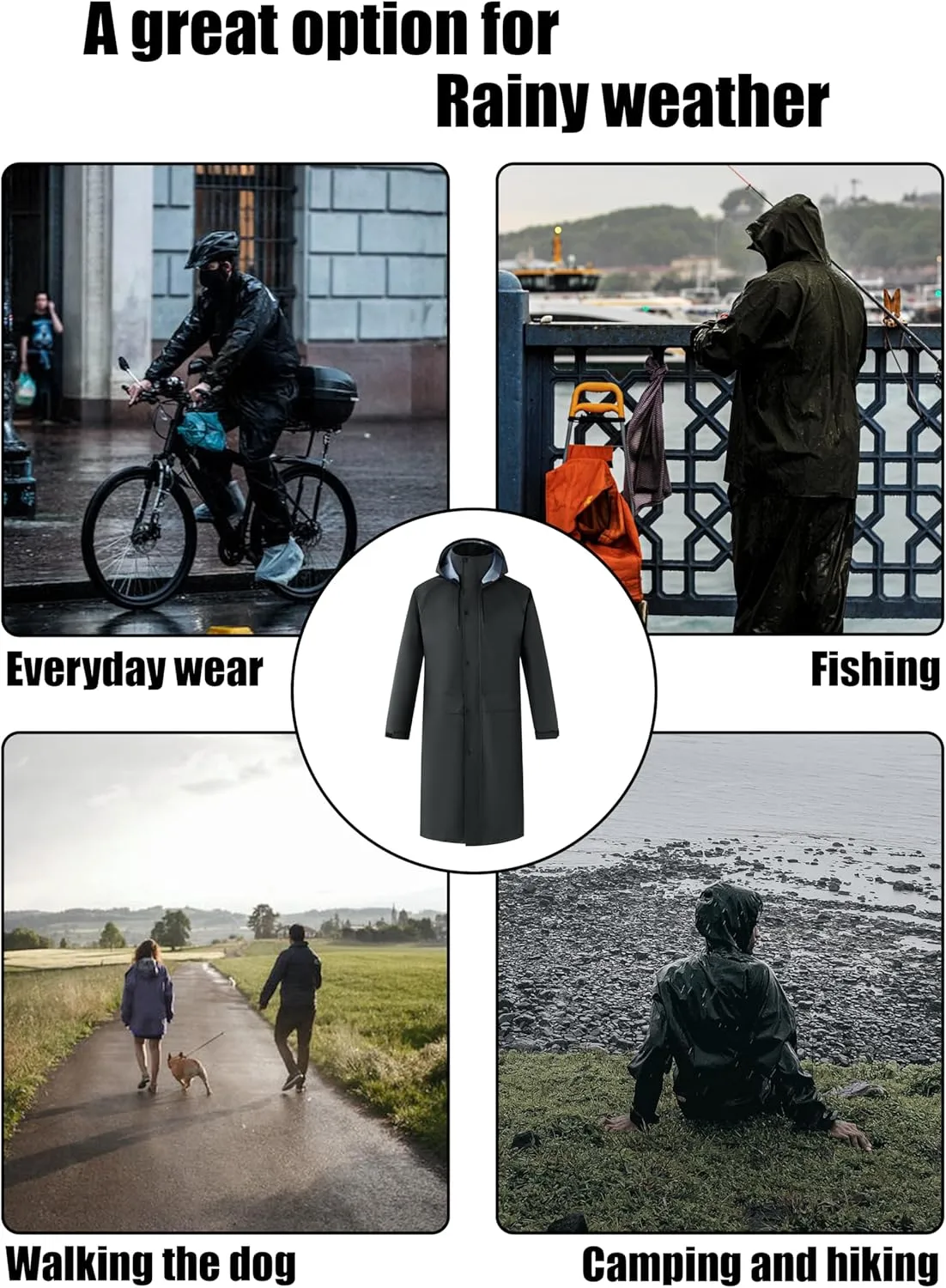 Ubon Mens Long Rain Coat Waterproof with Hood, Lightweight Rain Jacket Spring Windbreaker for Travel and Hiking