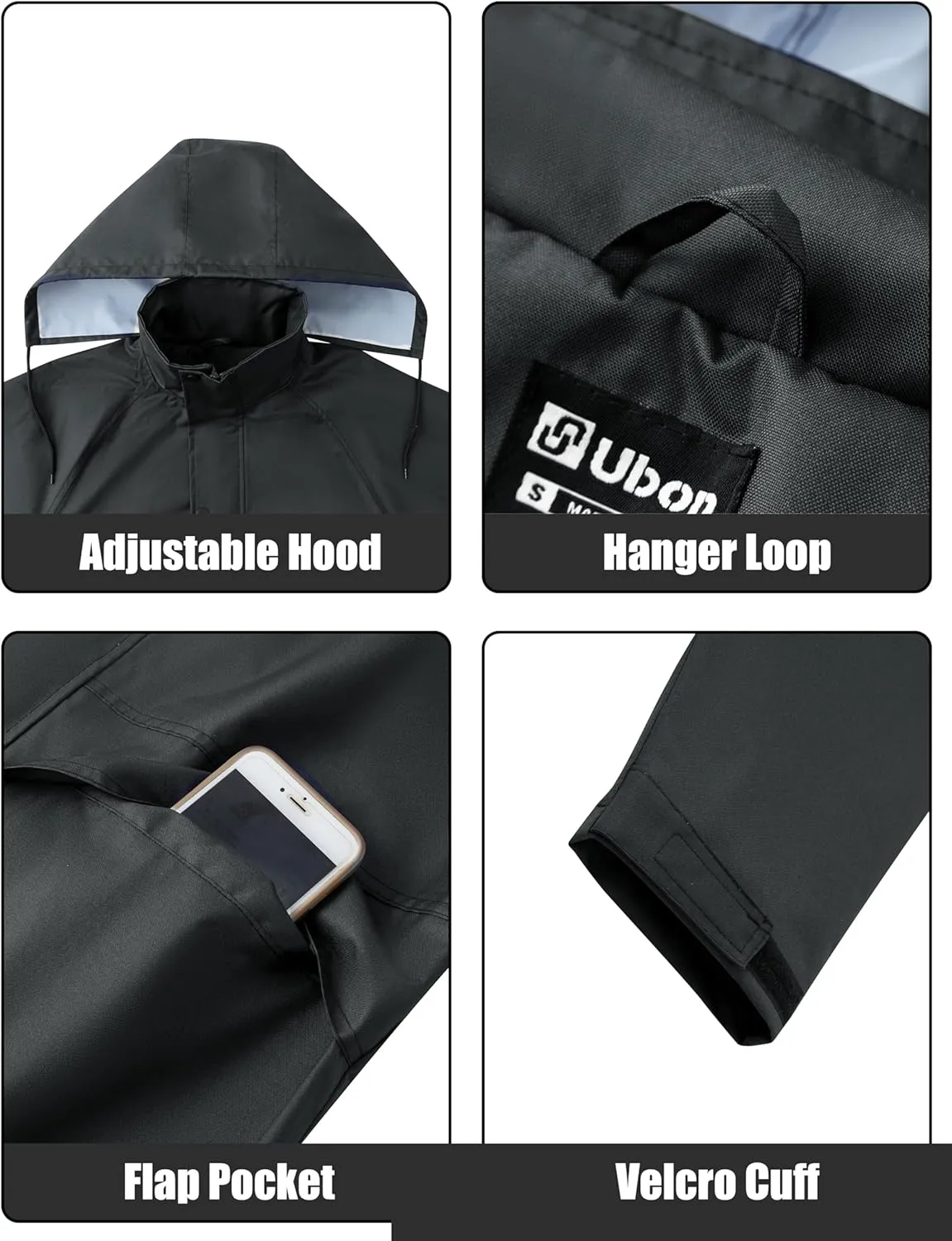 Ubon Mens Long Rain Coat Waterproof with Hood, Lightweight Rain Jacket Spring Windbreaker for Travel and Hiking