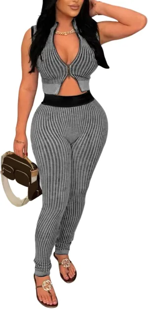 Uni Clau 2 Piece Outfits for Women Sexy Zipper Crop Top Bodycon Pants Sets Ribbed knit Sleeveless Club Outfits Tracksuit