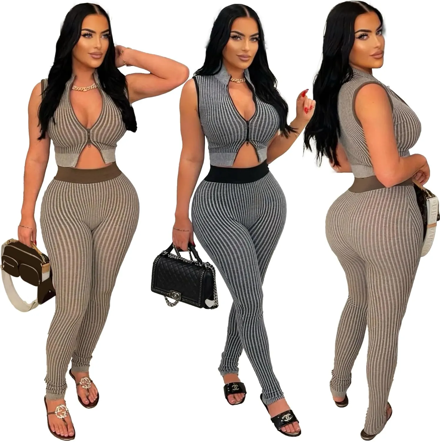 Uni Clau 2 Piece Outfits for Women Sexy Zipper Crop Top Bodycon Pants Sets Ribbed knit Sleeveless Club Outfits Tracksuit