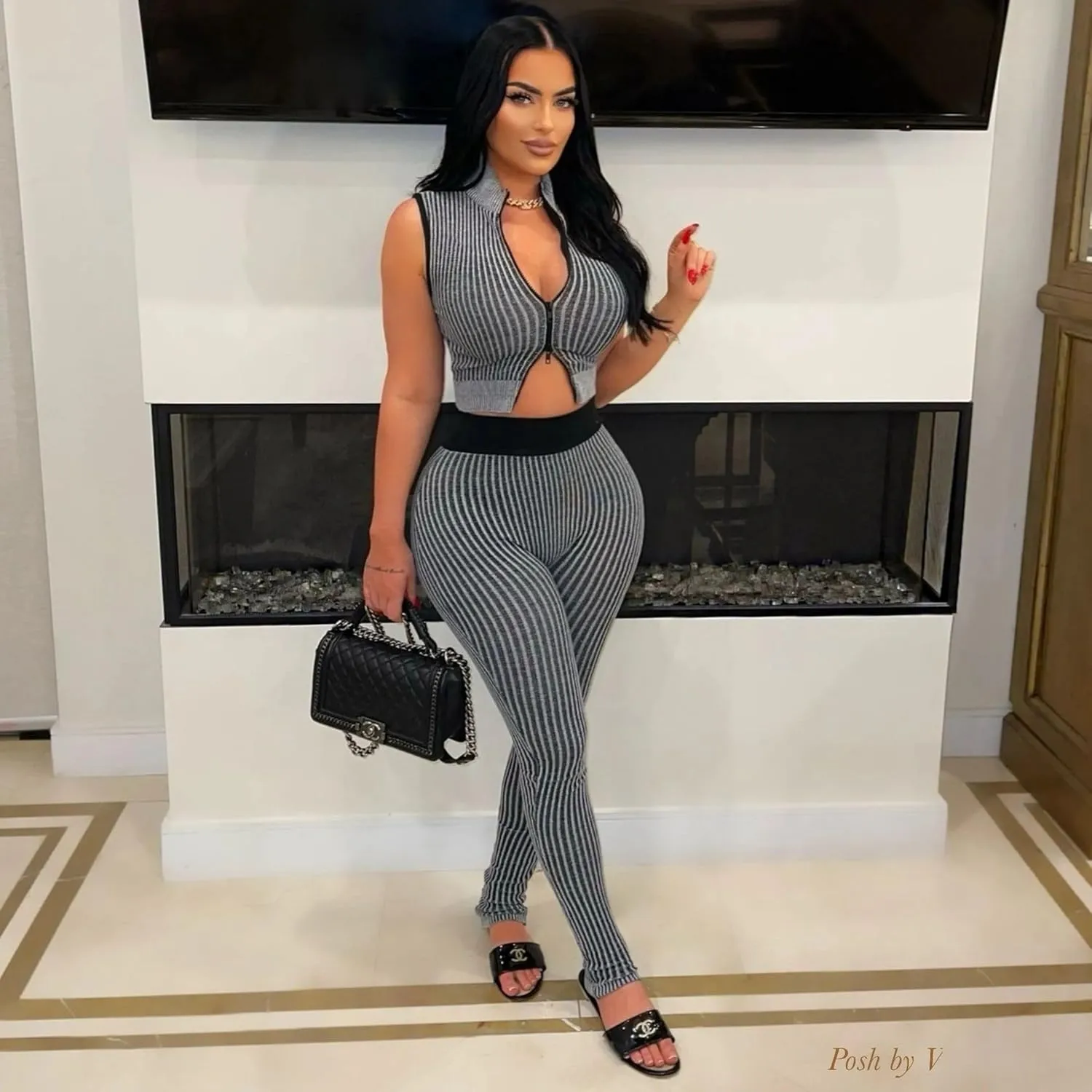 Uni Clau 2 Piece Outfits for Women Sexy Zipper Crop Top Bodycon Pants Sets Ribbed knit Sleeveless Club Outfits Tracksuit