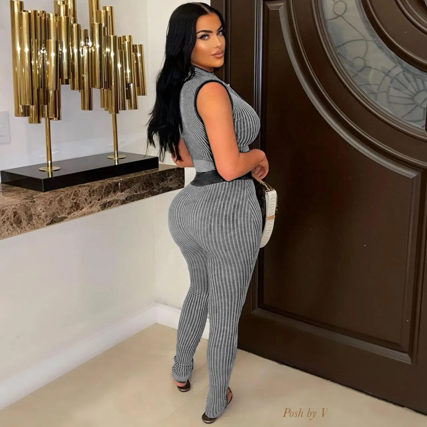Uni Clau 2 Piece Outfits for Women Sexy Zipper Crop Top Bodycon Pants Sets Ribbed knit Sleeveless Club Outfits Tracksuit