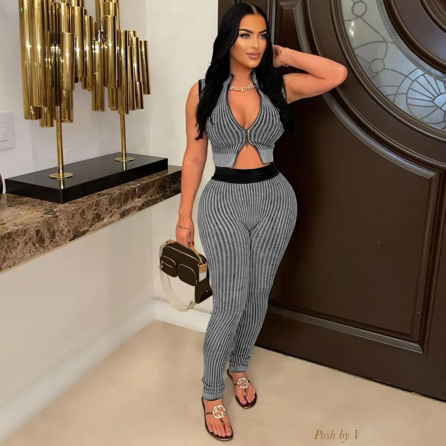 Uni Clau 2 Piece Outfits for Women Sexy Zipper Crop Top Bodycon Pants Sets Ribbed knit Sleeveless Club Outfits Tracksuit