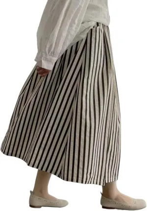 utcoco Women's Summer Casual Striped Flowy Swing A-Line Midi Skirt Elastic Waist Pleated Long Skirt with Pockets