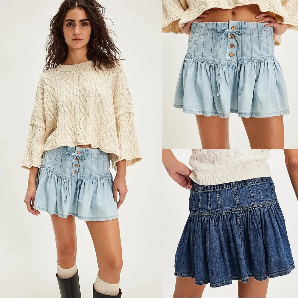 utcoco Women's Y2k Trendy Stretch High Waisted Jean Skirt Casual Button-Fly A Line Ruffle Pleated Denim Mini Skirt