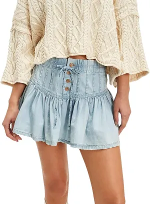 utcoco Women's Y2k Trendy Stretch High Waisted Jean Skirt Casual Button-Fly A Line Ruffle Pleated Denim Mini Skirt