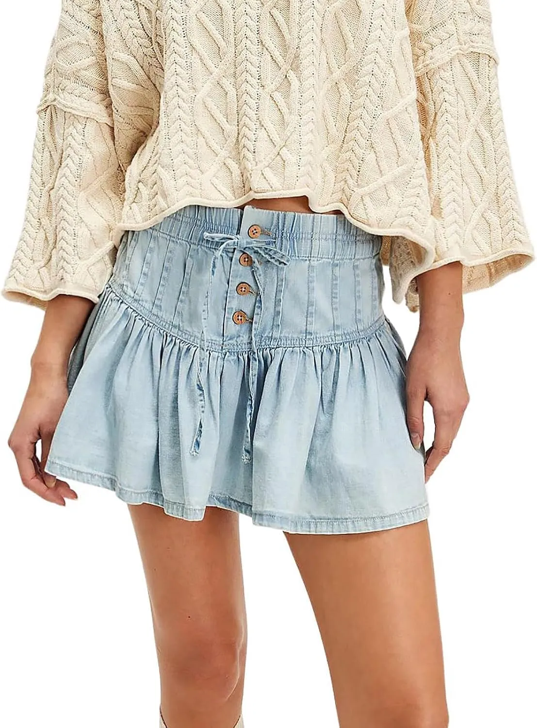 utcoco Women's Y2k Trendy Stretch High Waisted Jean Skirt Casual Button-Fly A Line Ruffle Pleated Denim Mini Skirt