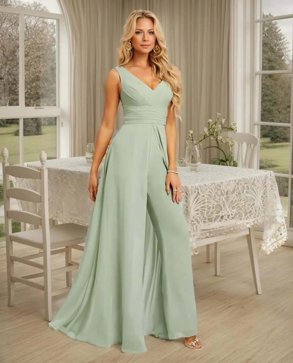 V Neck Chiffon Bridesmaid Jumpsuit for Women Sleeveless Wedding Party Jumpsuit Elegant Formal Outfit