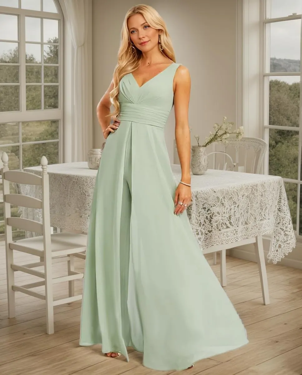 V Neck Chiffon Bridesmaid Jumpsuit for Women Sleeveless Wedding Party Jumpsuit Elegant Formal Outfit