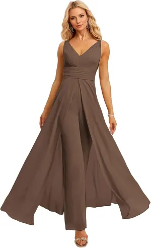 V Neck Chiffon Bridesmaid Jumpsuit for Women Sleeveless Wedding Party Jumpsuit Elegant Formal Outfit