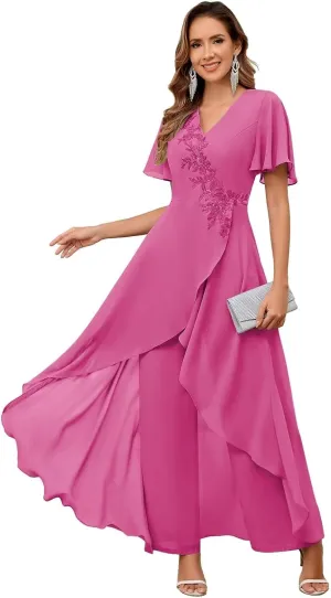 VCCICANY 2 Pieces Chiffon Mother of The Bride Pant Suits for Wedding Beaded Formal Pant Suit for Women with Sleeves