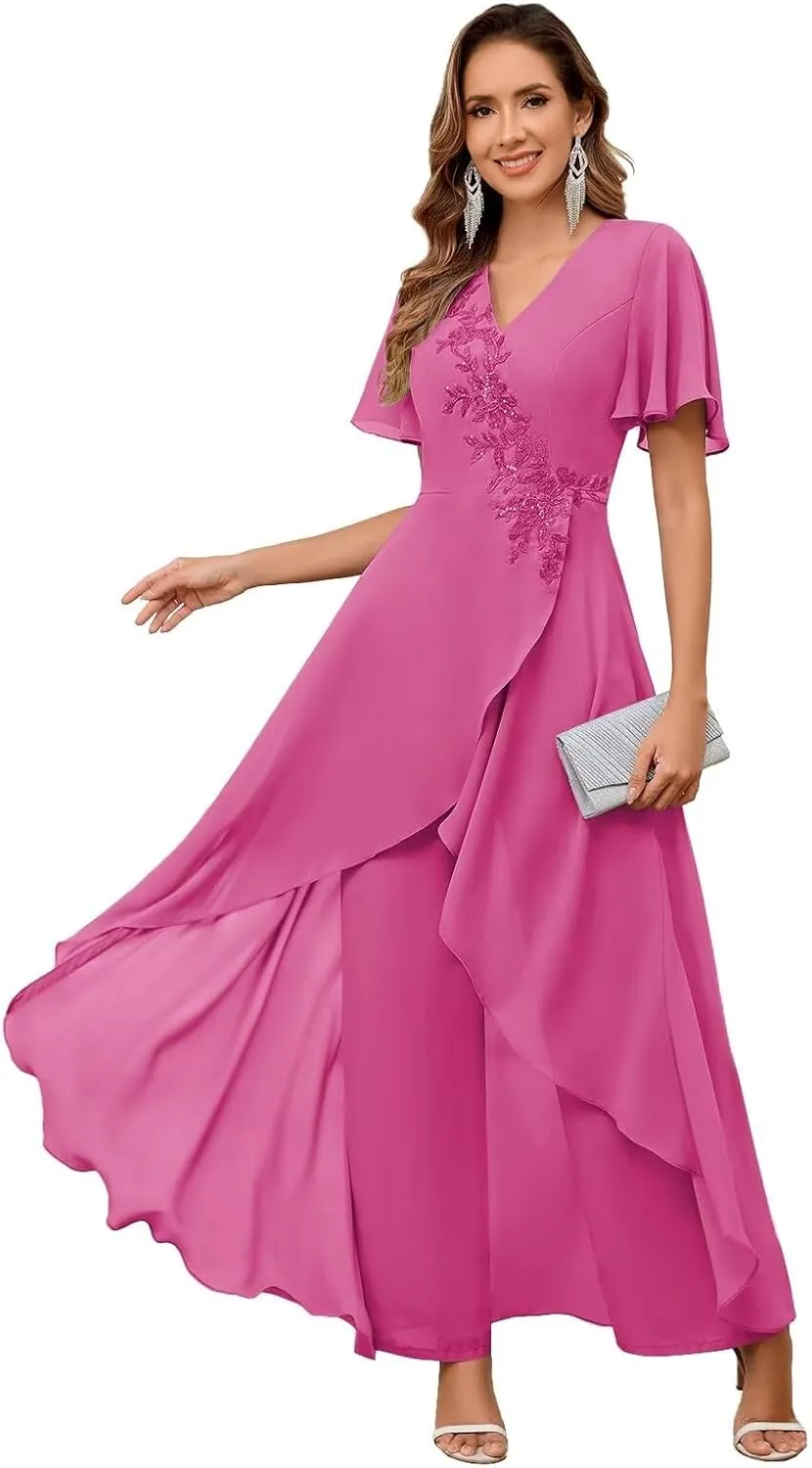 VCCICANY 2 Pieces Chiffon Mother of The Bride Pant Suits for Wedding Beaded Formal Pant Suit for Women with Sleeves