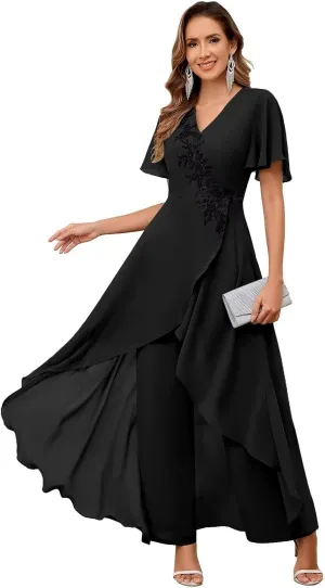 VCCICANY 2 Pieces Chiffon Mother of The Bride Pant Suits for Wedding Beaded Formal Pant Suit for Women with Sleeves