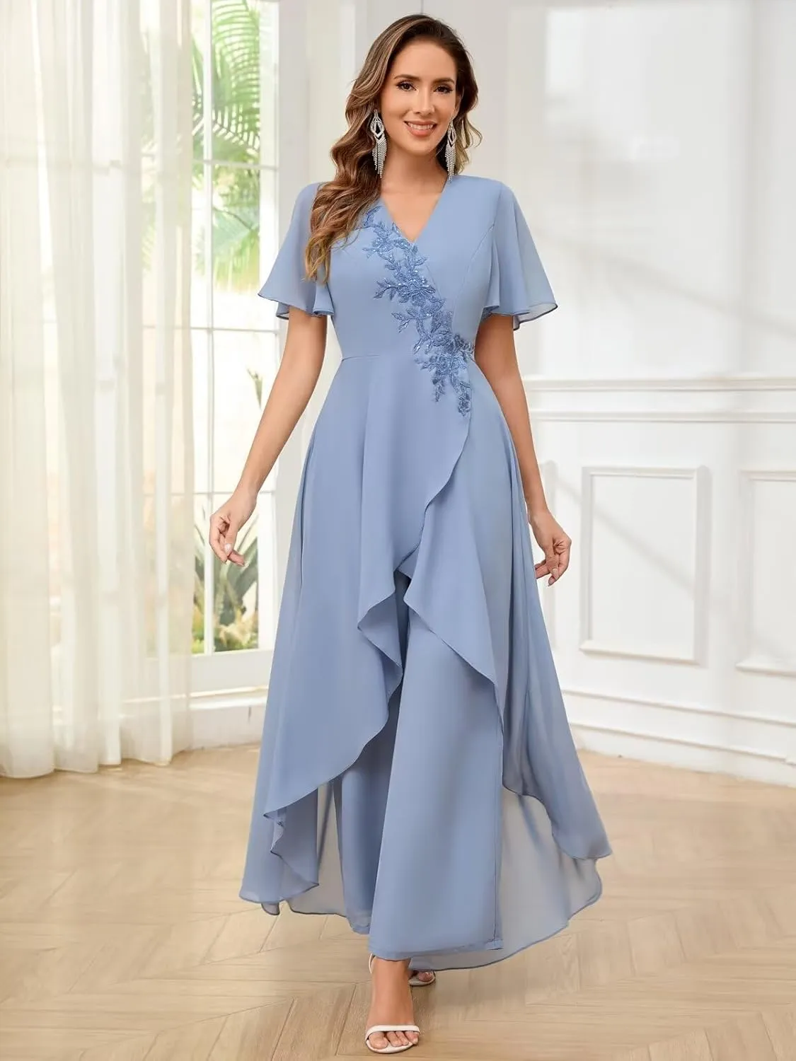 VCCICANY 2 Pieces Chiffon Mother of The Bride Pant Suits for Wedding Beaded Formal Pant Suit for Women with Sleeves