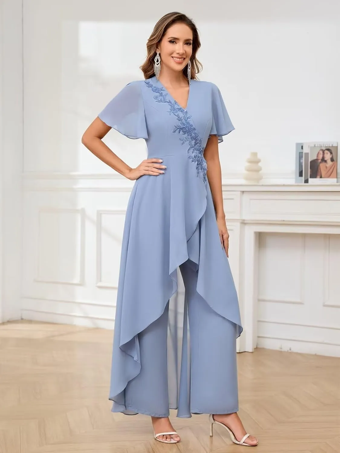 VCCICANY 2 Pieces Chiffon Mother of The Bride Pant Suits for Wedding Beaded Formal Pant Suit for Women with Sleeves