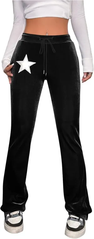 Verdusa Women's Drawstring Waist Flare Leg Velvet Pants with Pocket