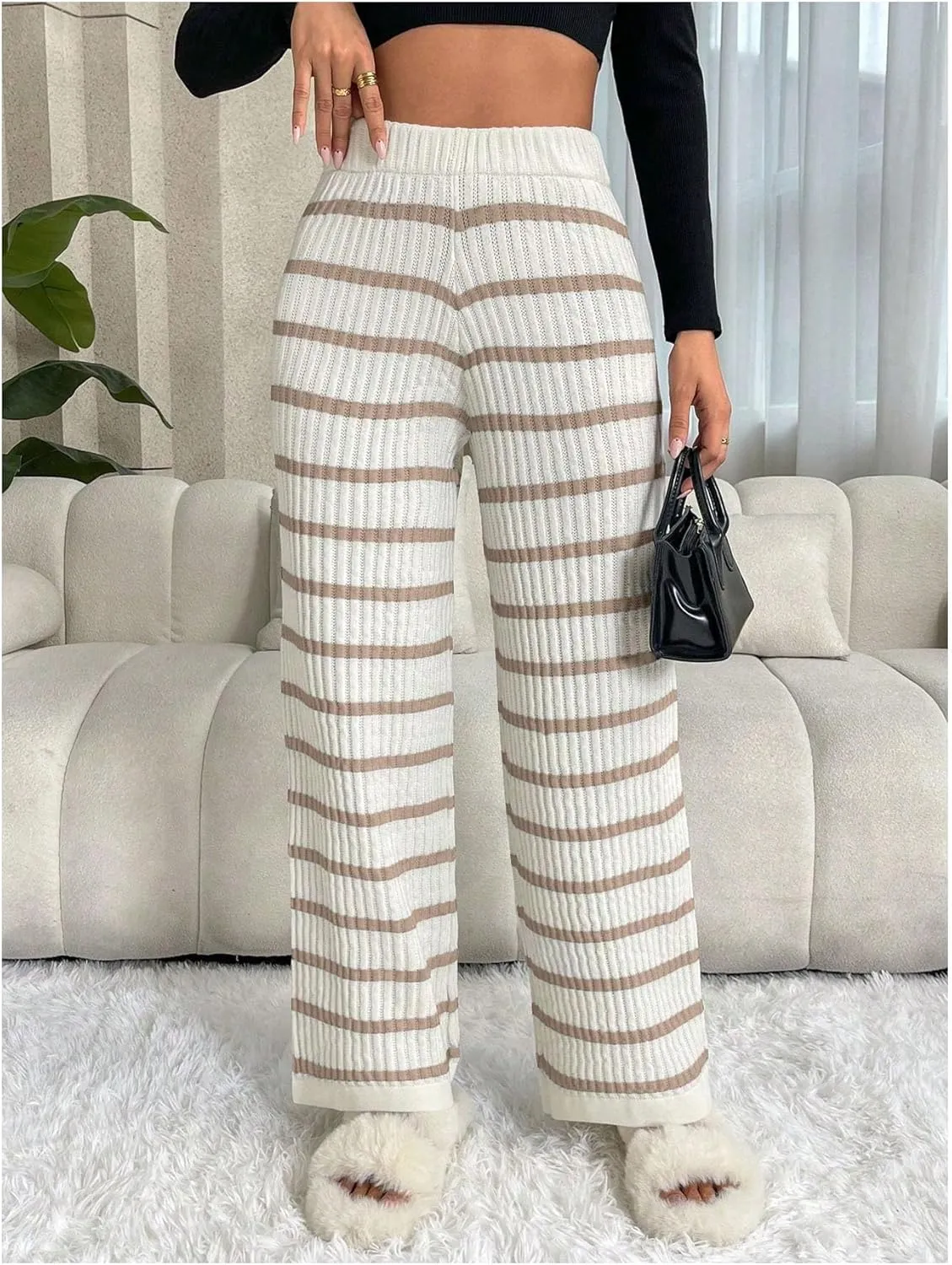 Verdusa Women's Elastic High Waist Stripe Print Knitted Lounge Sweater Pants