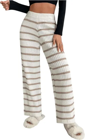Verdusa Women's Elastic High Waist Stripe Print Knitted Lounge Sweater Pants