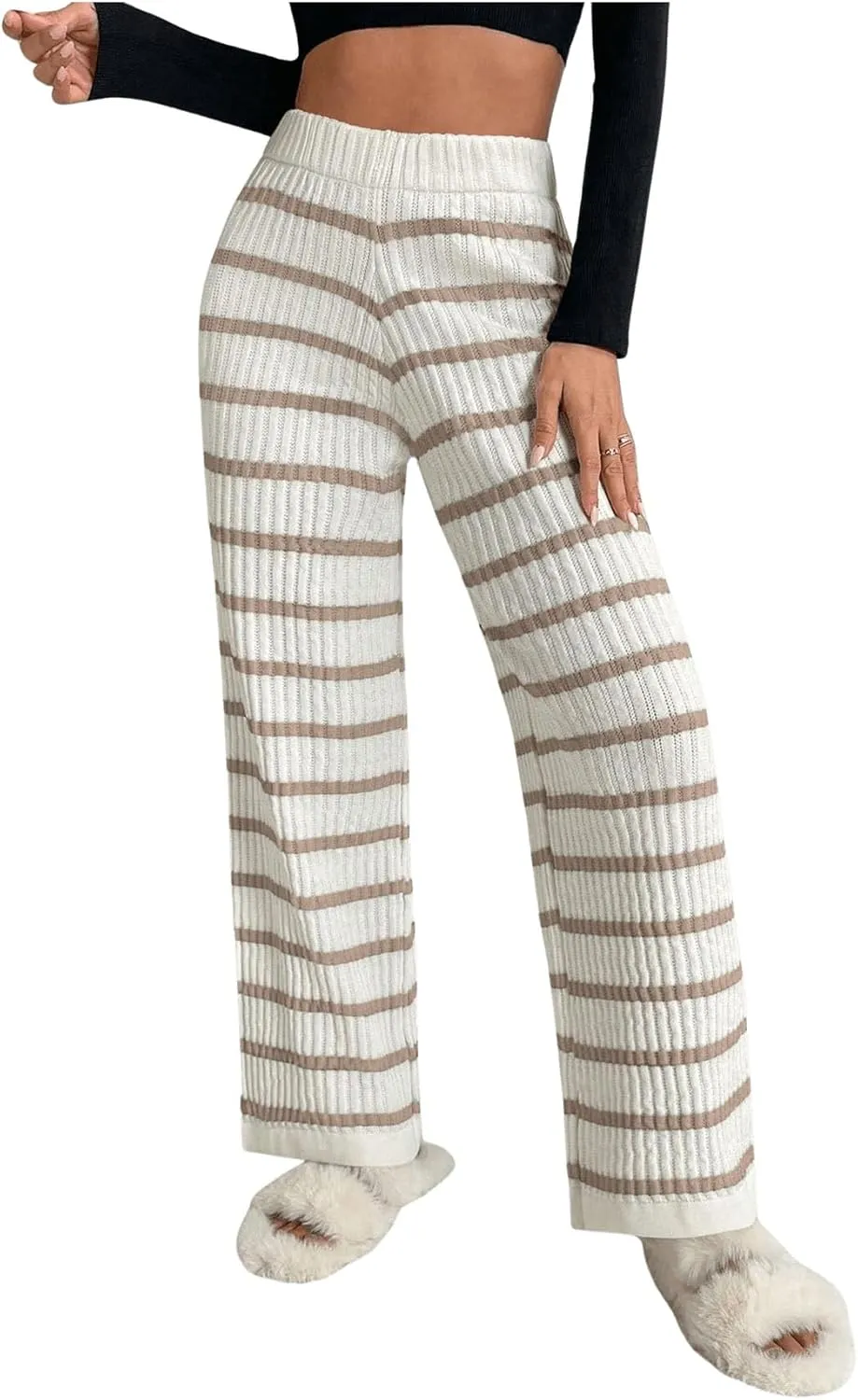 Verdusa Women's Elastic High Waist Stripe Print Knitted Lounge Sweater Pants