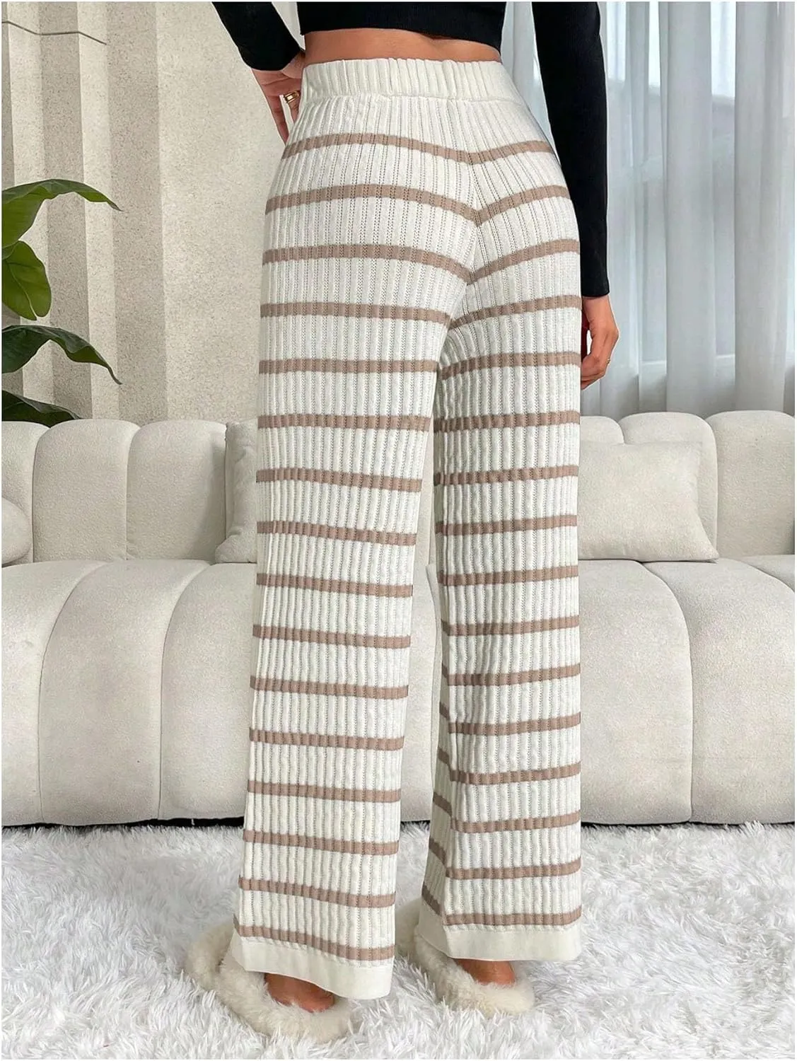 Verdusa Women's Elastic High Waist Stripe Print Knitted Lounge Sweater Pants