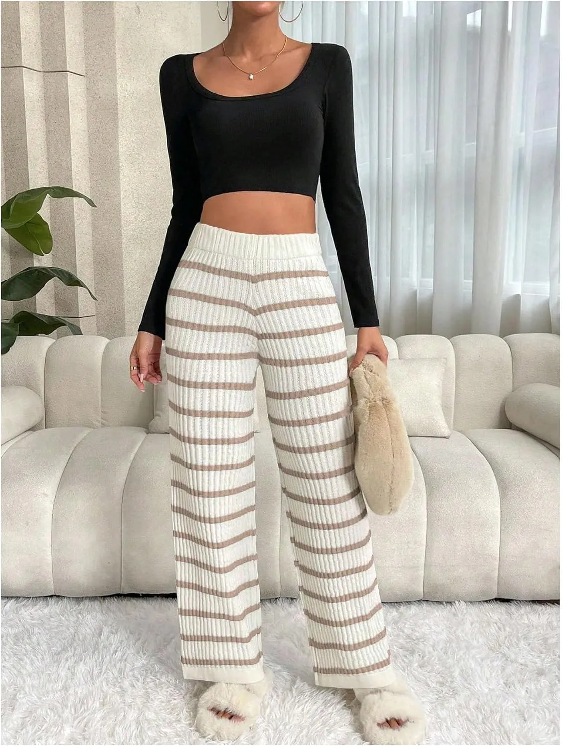 Verdusa Women's Elastic High Waist Stripe Print Knitted Lounge Sweater Pants